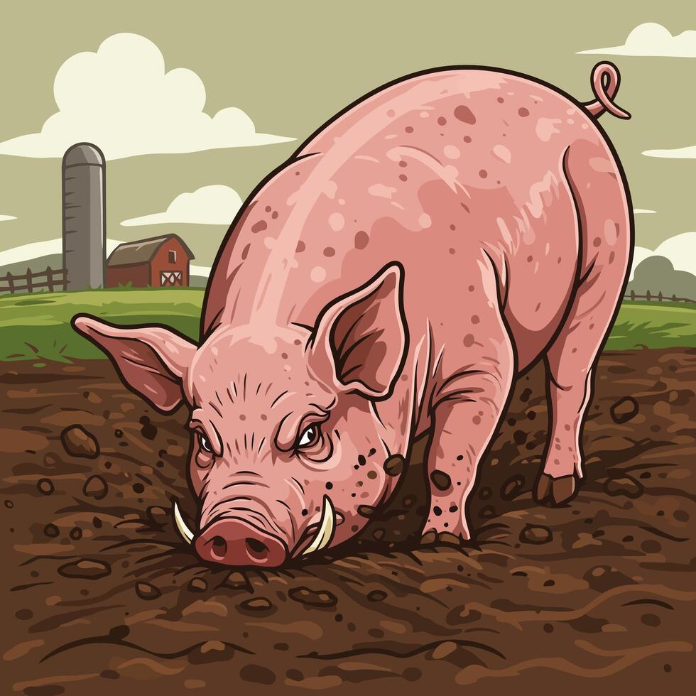 Pig Digging in Dirt on Farm with Barn and Silo vector