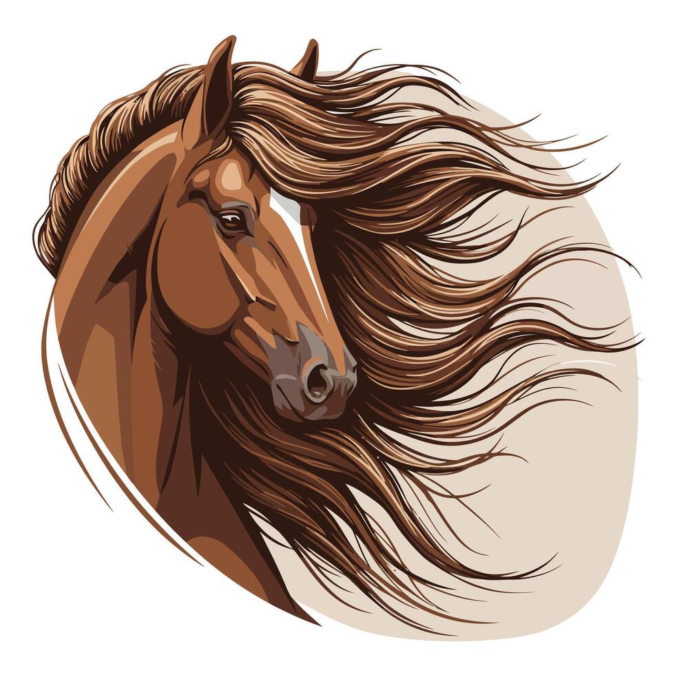 Brown Horse Head with Flowing Mane Artwork in a Stylized Design vector