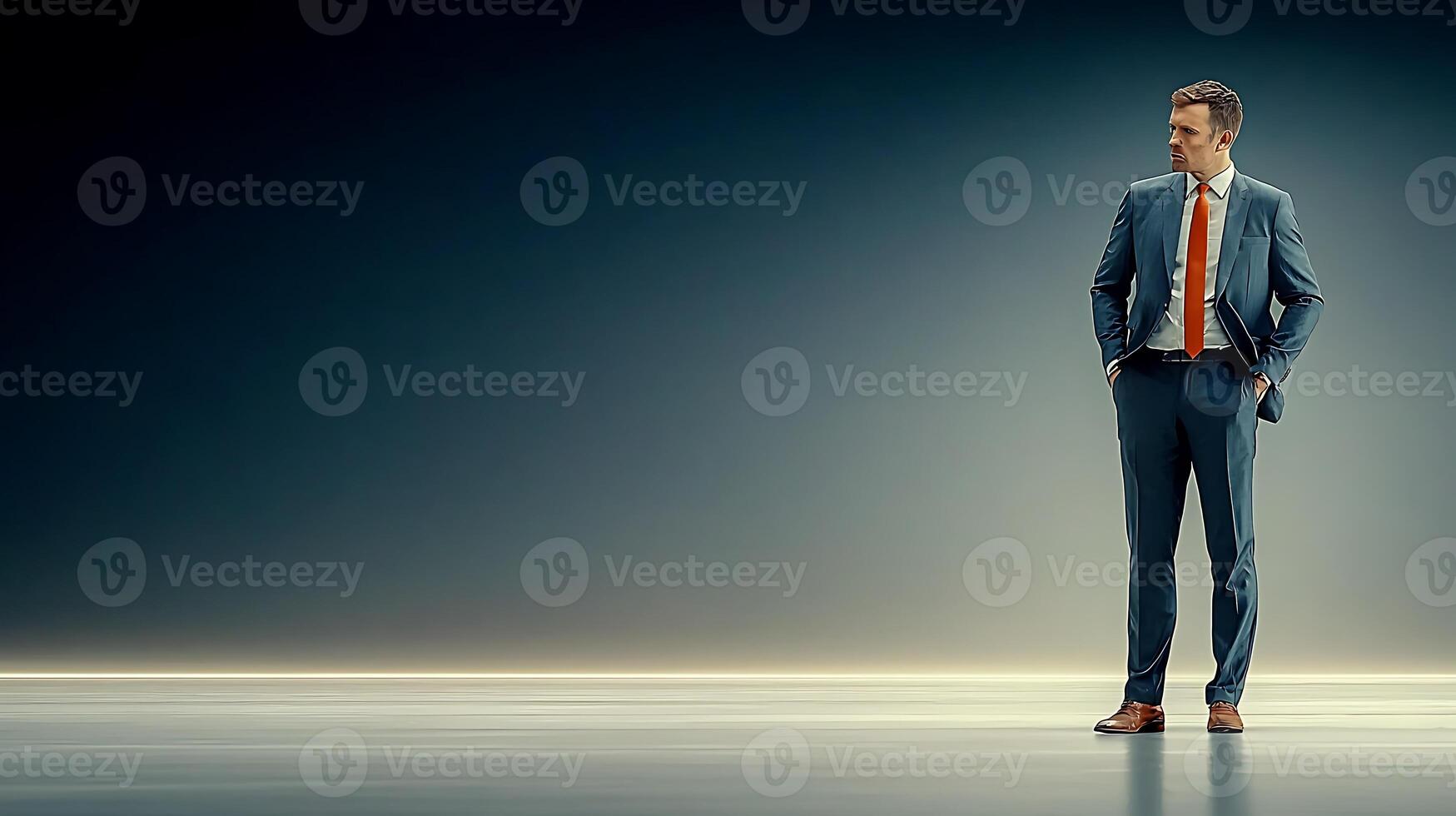 Confident businessman in a tailored suit stands poised in a minimalist studio setting photo