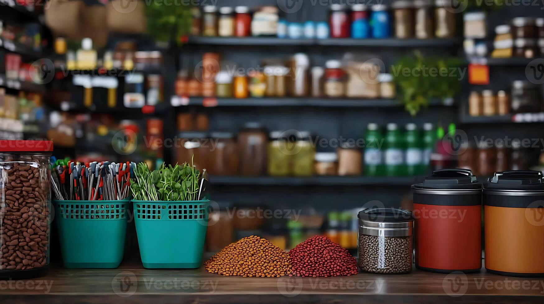 Colorful display of jars and containers filled with various spices and ingredients in a market photo