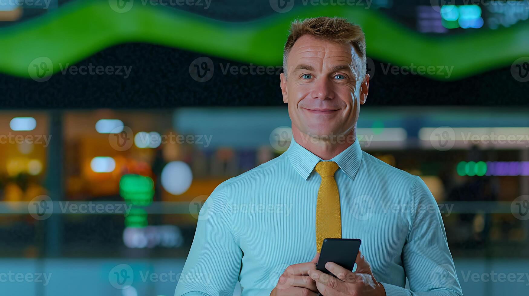 Confident businessman holding a smartphone in a modern office environment with vibrant lighting photo