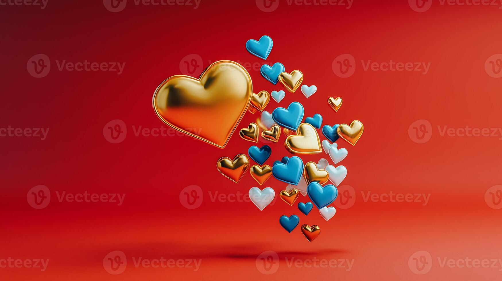Colorful heart shapes in various sizes and colors floating against a vibrant red background photo