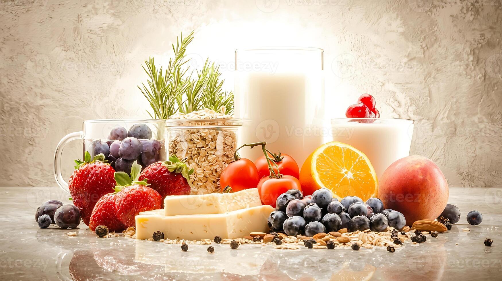 A variety of fruits and vegetables are arranged on a table photo