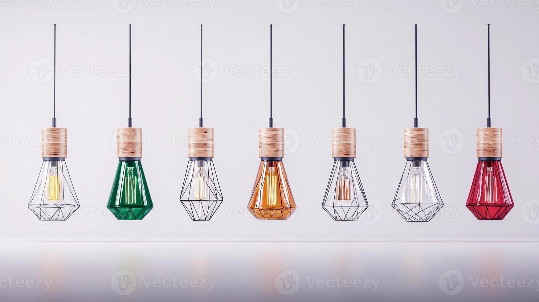 Colorful pendant lights hanging in a modern setting, creating a stylish ambiance for decor photo