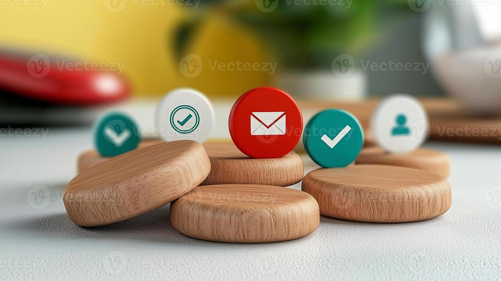 Colorful wooden tokens featuring email and checkmark icons on a bright background photo