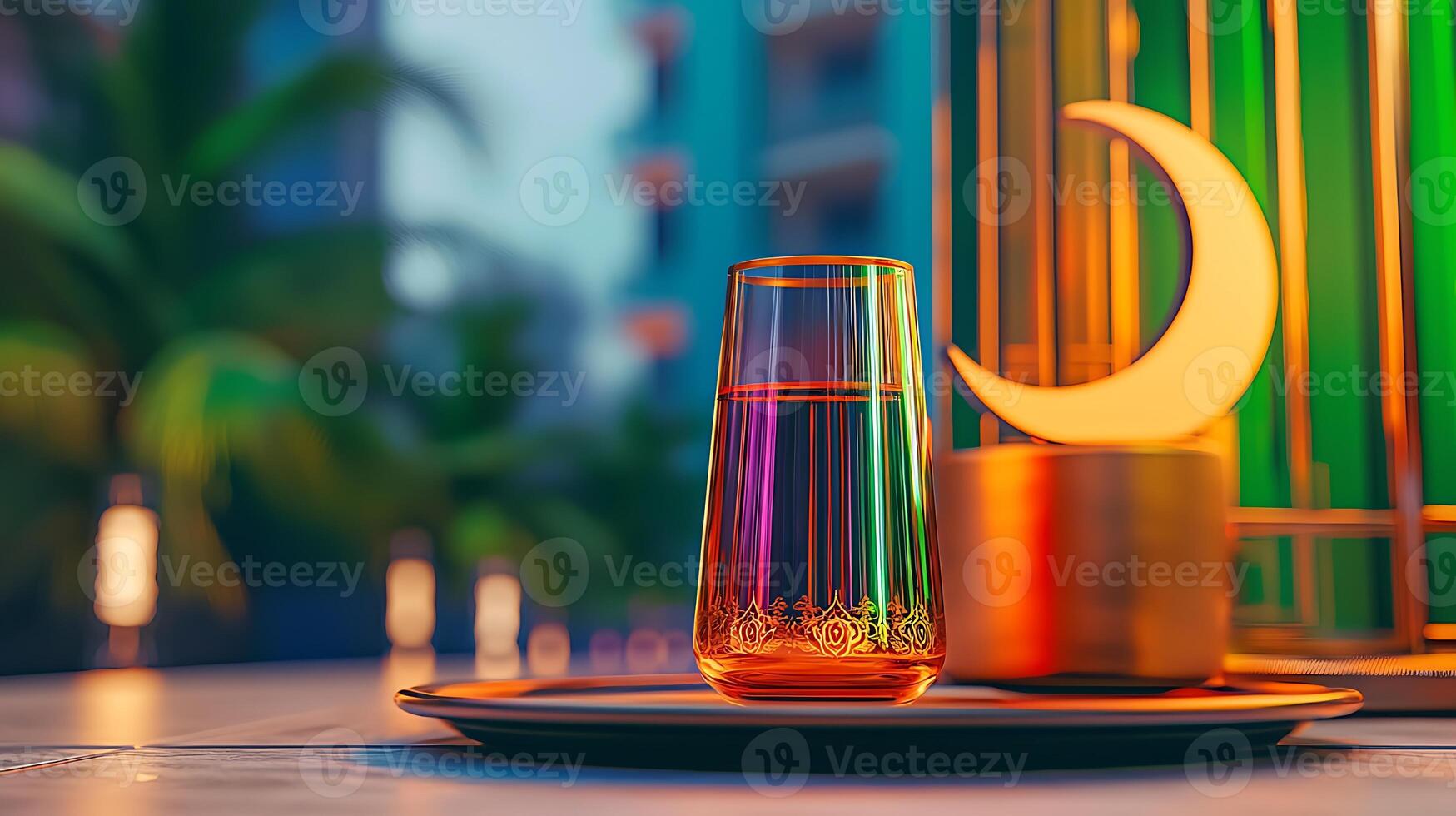 Colorful glass of water on a tray with a glowing crescent moon in a vibrant outdoor setting photo