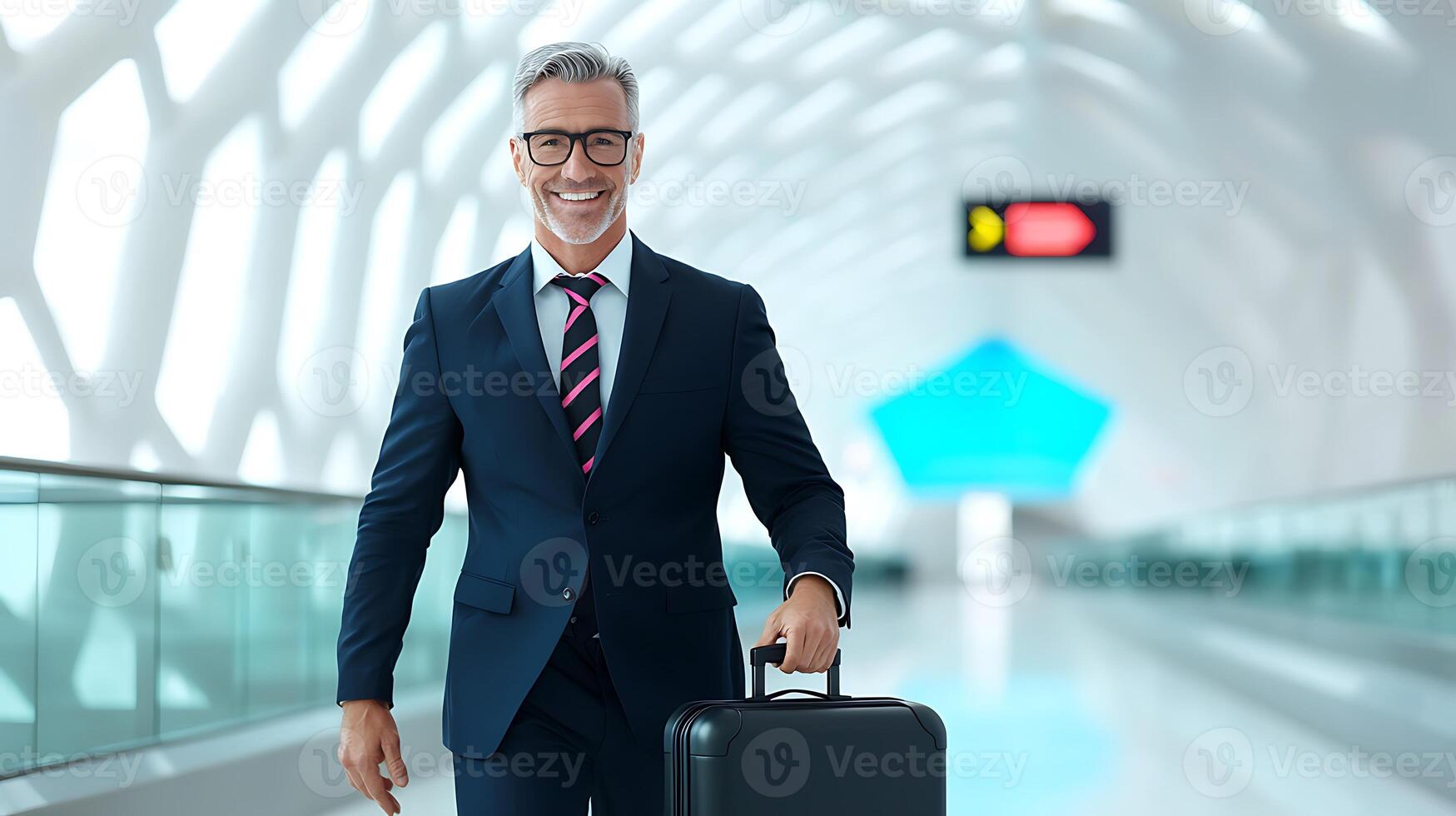 Confident businessman in a suit walking through a modern airport terminal with luggage photo