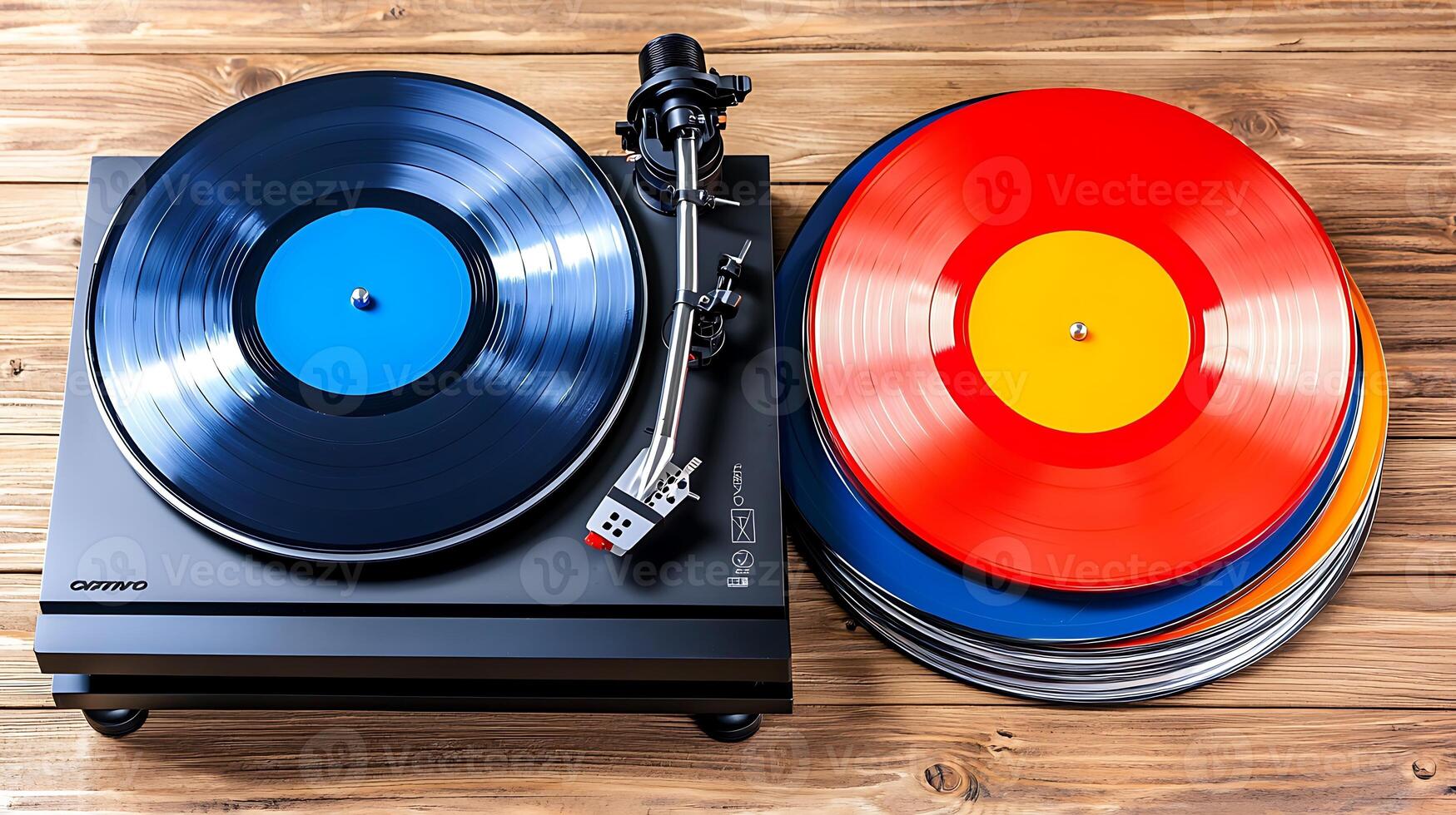 Colorful vinyl records on a turntable, showcasing a vibrant music experience in a cozy setting photo