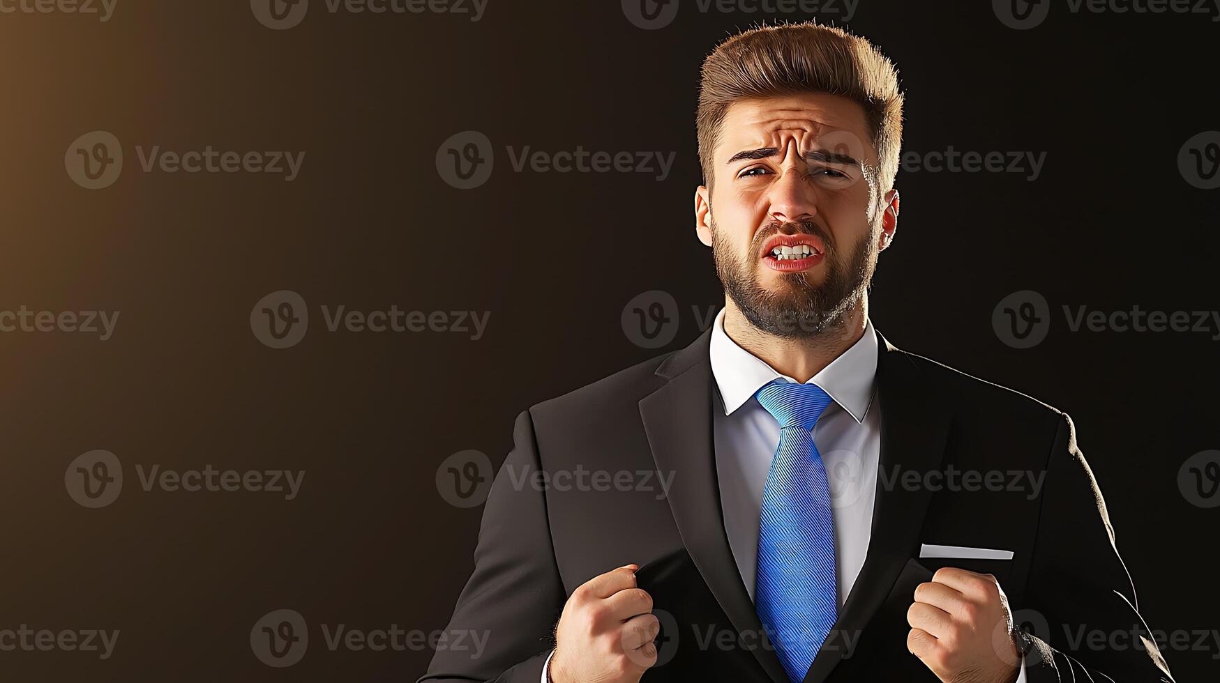 Confident businessman expressing determination in a dark studio setting with dramatic lighting photo