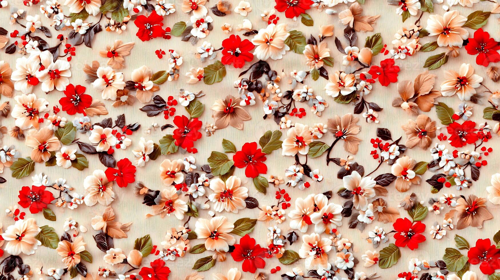 Colorful floral pattern featuring various flowers and leaves on a textured background photo