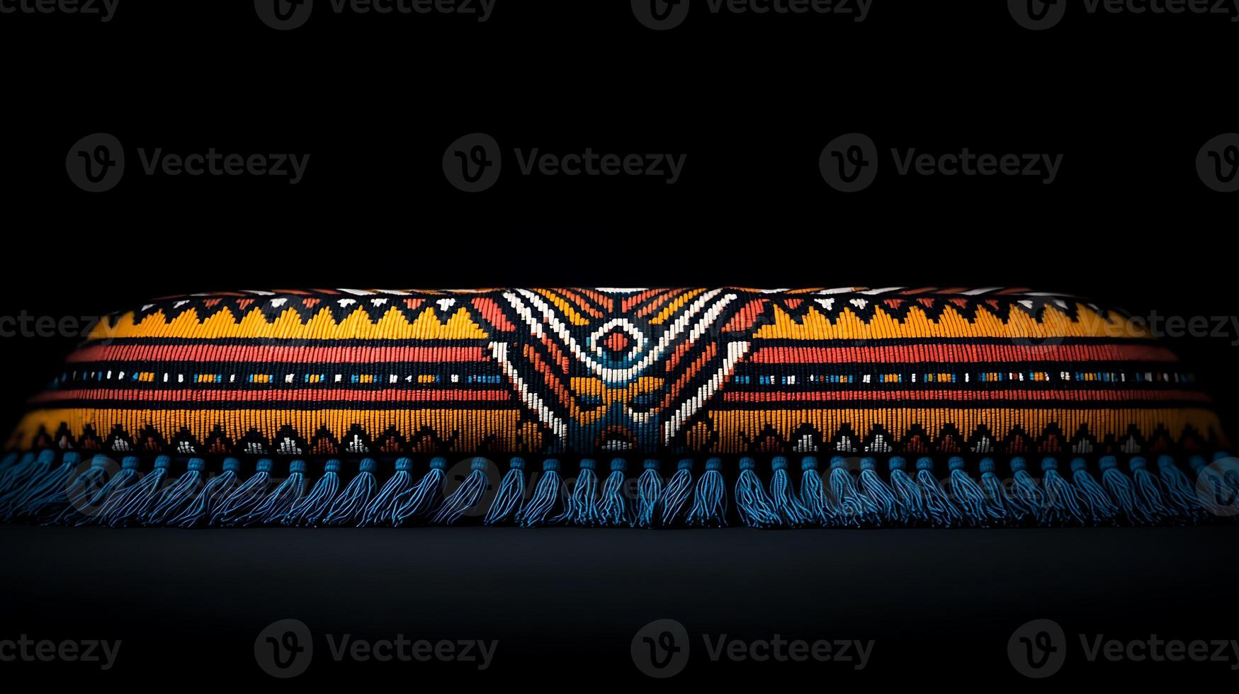 Colorful woven textile with intricate patterns and fringes, displayed against a dark background photo