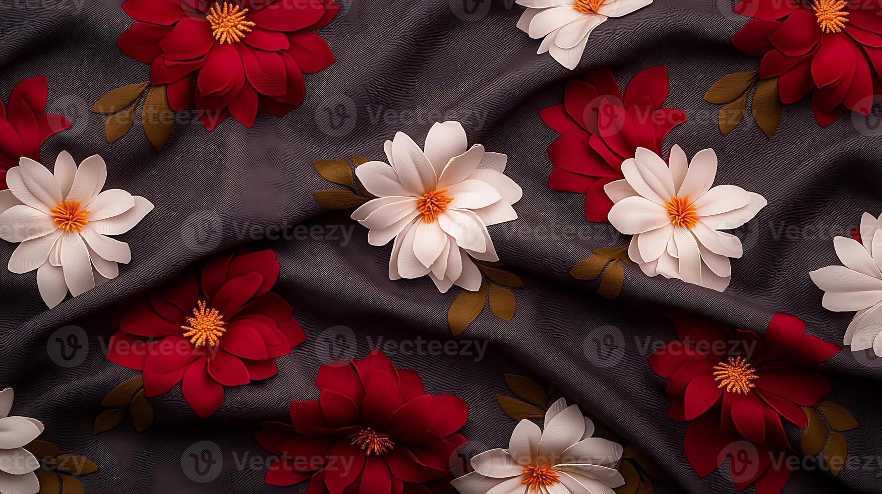 Colorful floral fabric with red and white flowers on a dark background, ideal for textile design photo