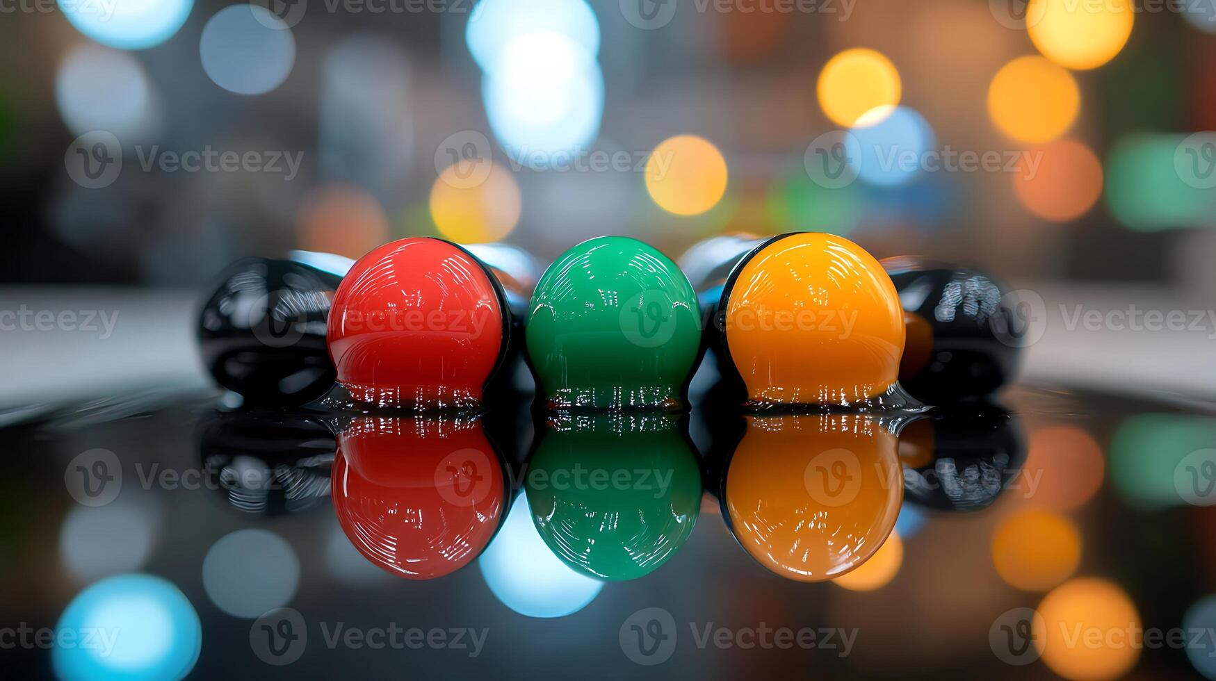 Colorful round objects in a row reflecting lights, creating a vibrant atmosphere in a modern space photo