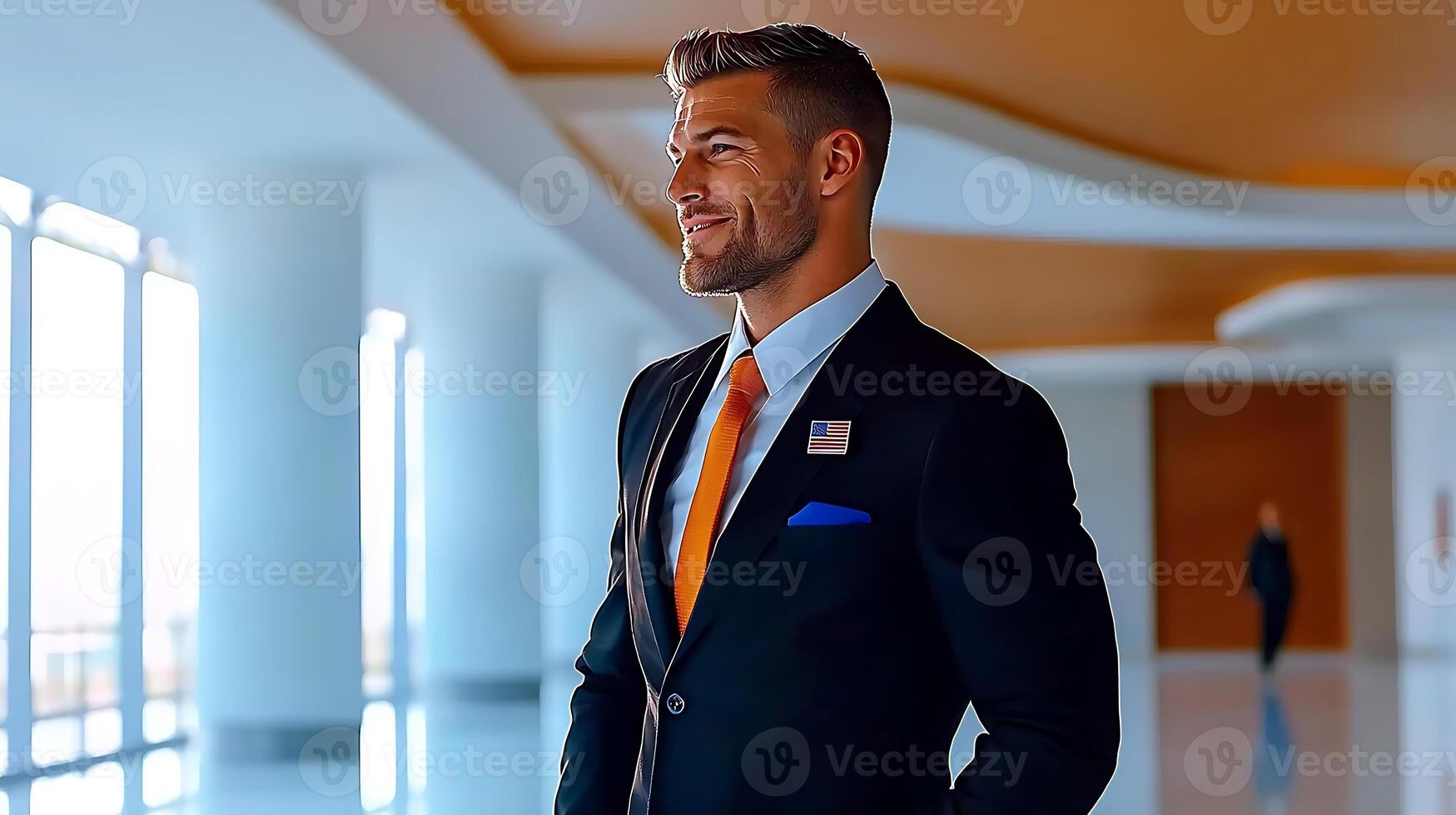 Confident businessman in a suit stands in a modern office lobby with bright lighting photo