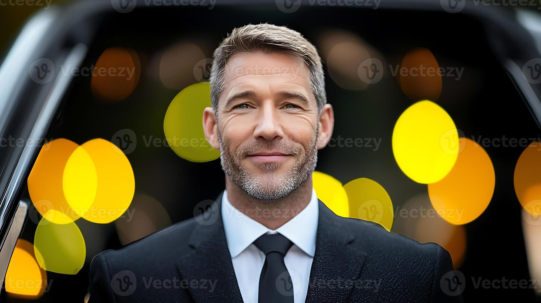 Confident businessman in a suit smiling at the camera with blurred city lights in the background photo