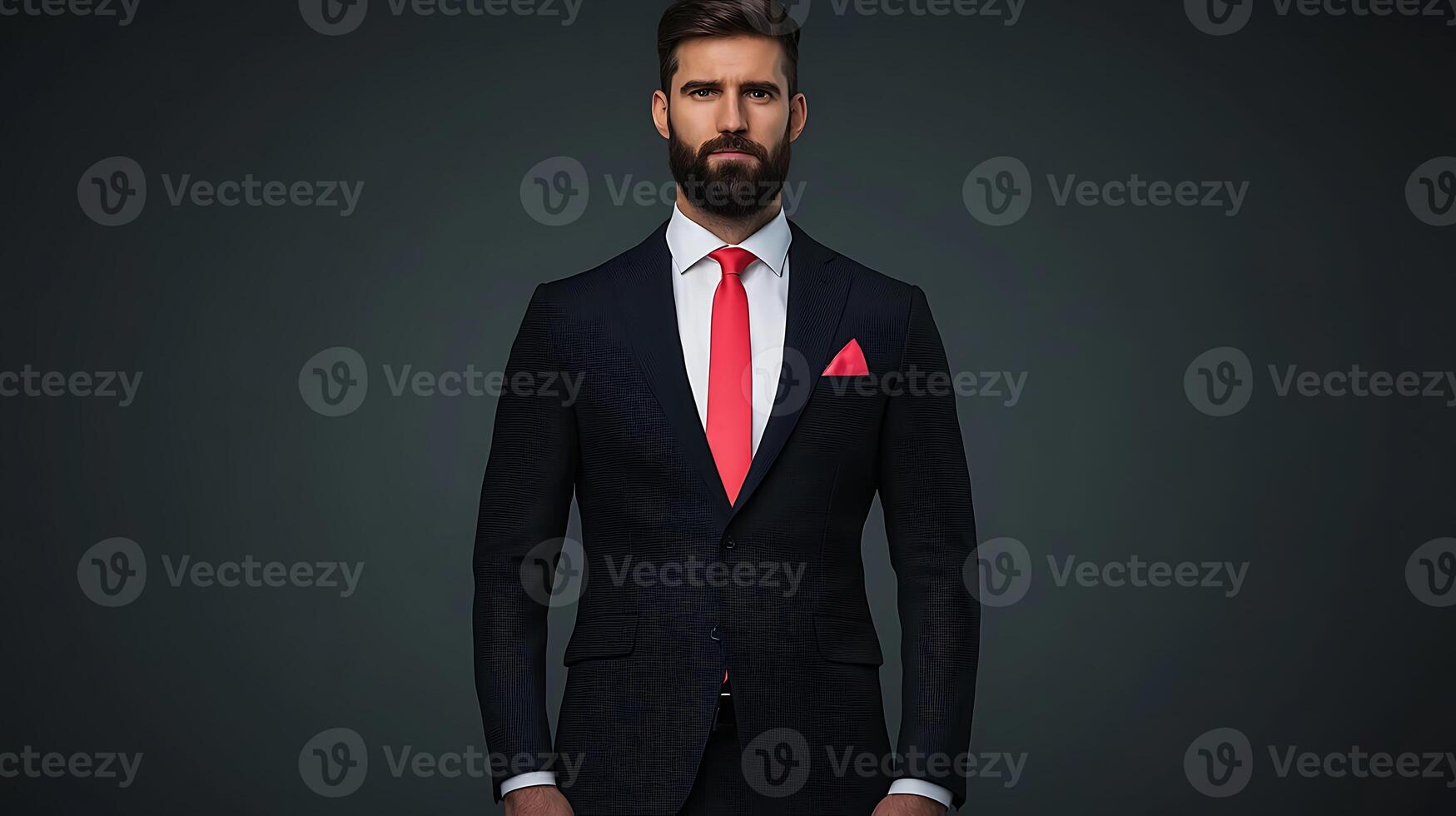 Confident businessman in a tailored suit with a vibrant tie, posing against a dark backdrop photo