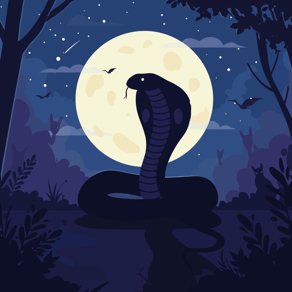Cobra Rising at Night with Full Moon in Dark Forest vector