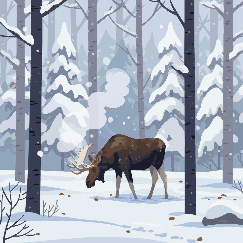 Moose Foraging in Snowy Winter Forest Scene with Gentle Snowfall vector
