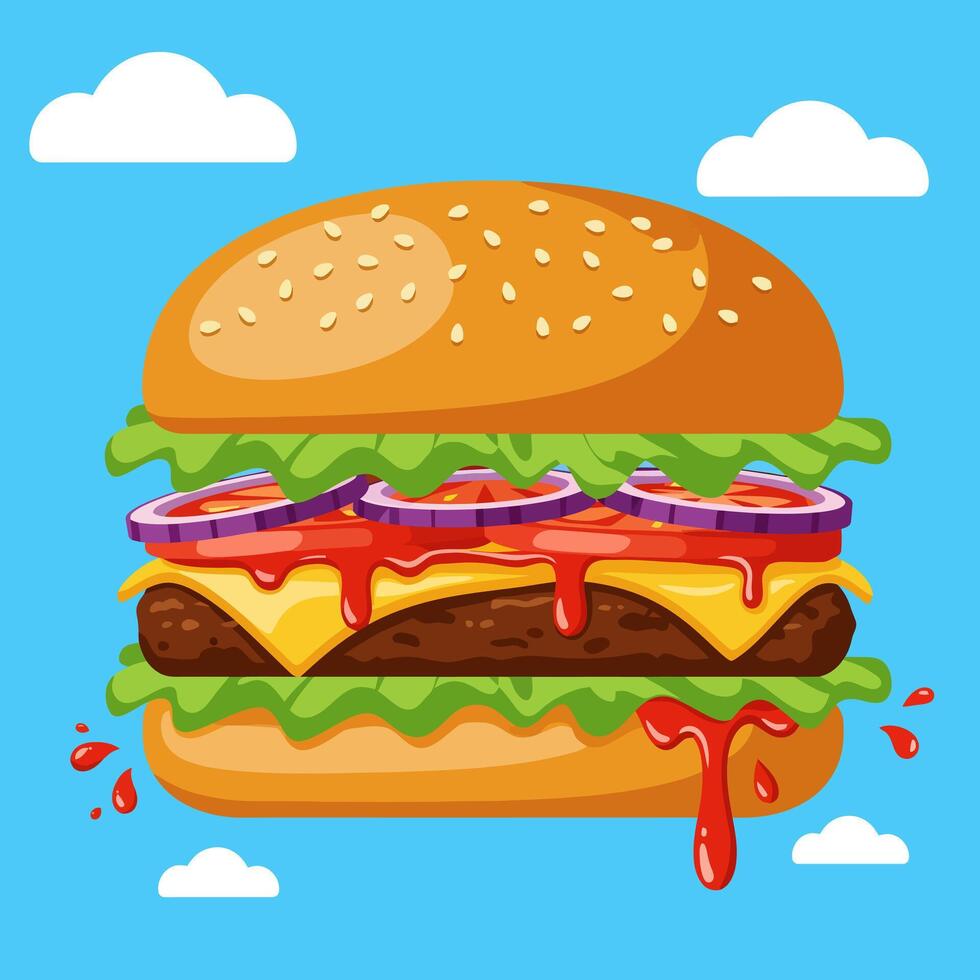 Cartoon Style Large Burger with Fresh Ingredients on Blue Background vector