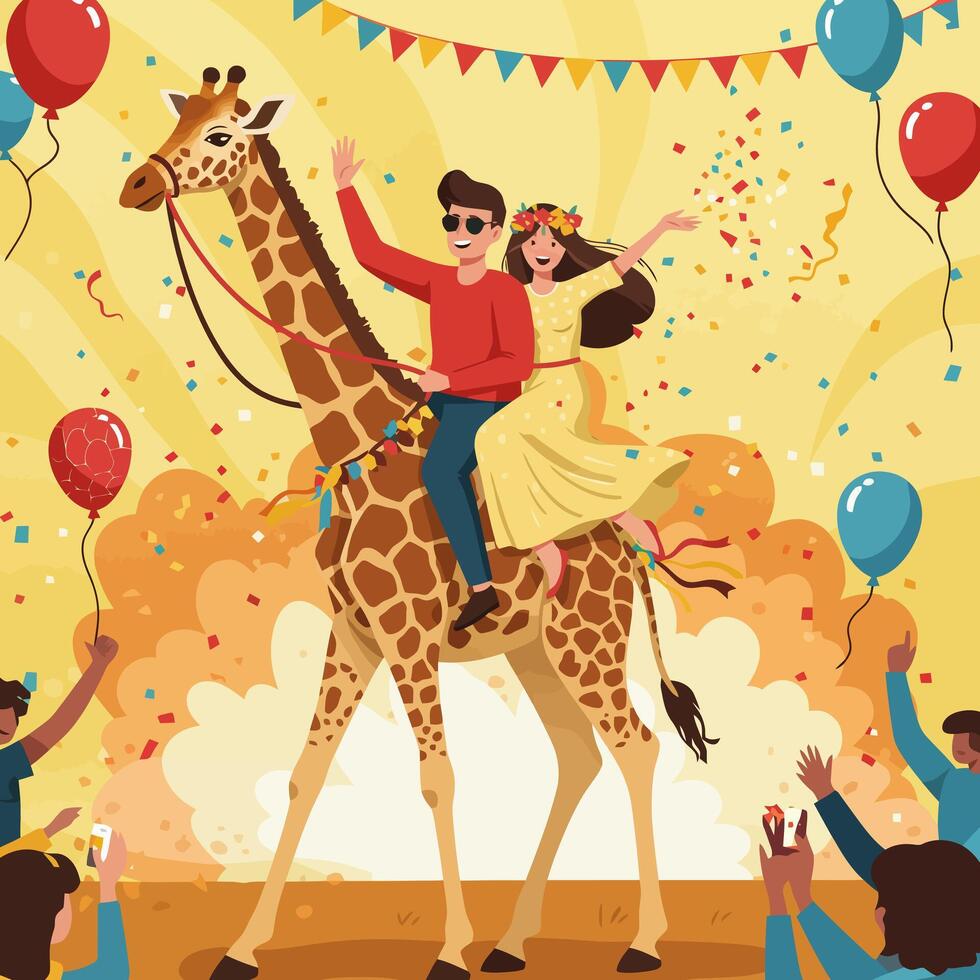 Riding a Giraffe Celebration with Balloons Confetti and Cheering People vector