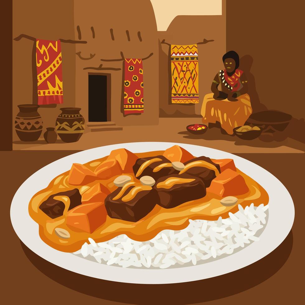 Savory Meat and Vegetable Dish Served with Rice in Outdoor Setting vector