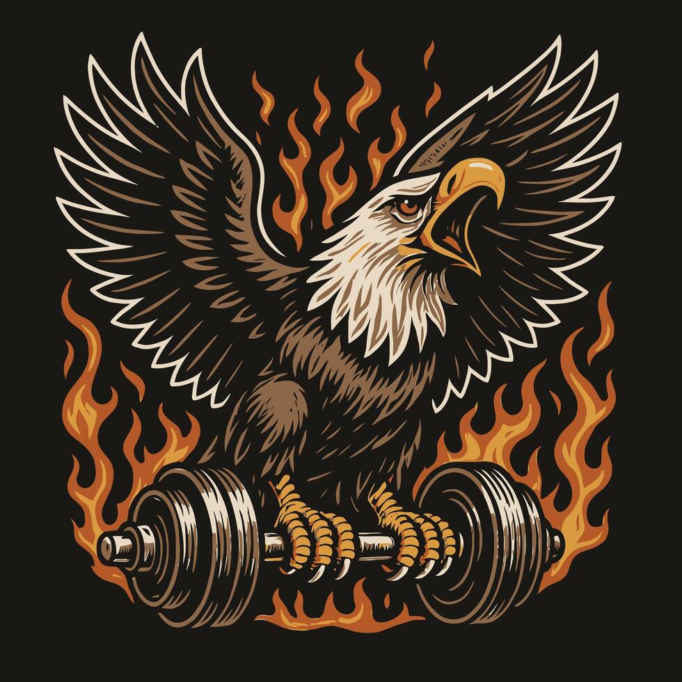 Eagle Holding Dumbbell in Talons Surrounded by Flames Illustration vector