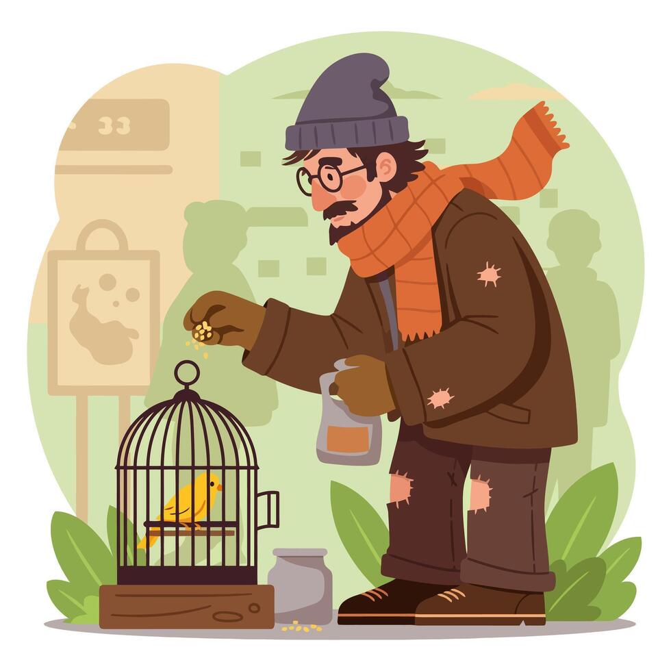 Man Feeding Bird in Cage Homelessness Theme Illustration vector