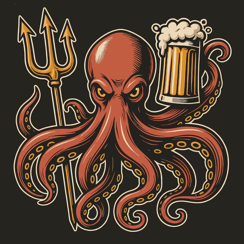 Illustration of an Octopus Holding Beer and Trident with Angry Expression vector