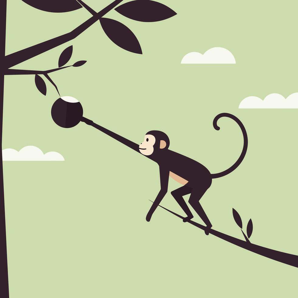 Monkey Reaching for Fruit Hanging From Tree Branch Illustration vector