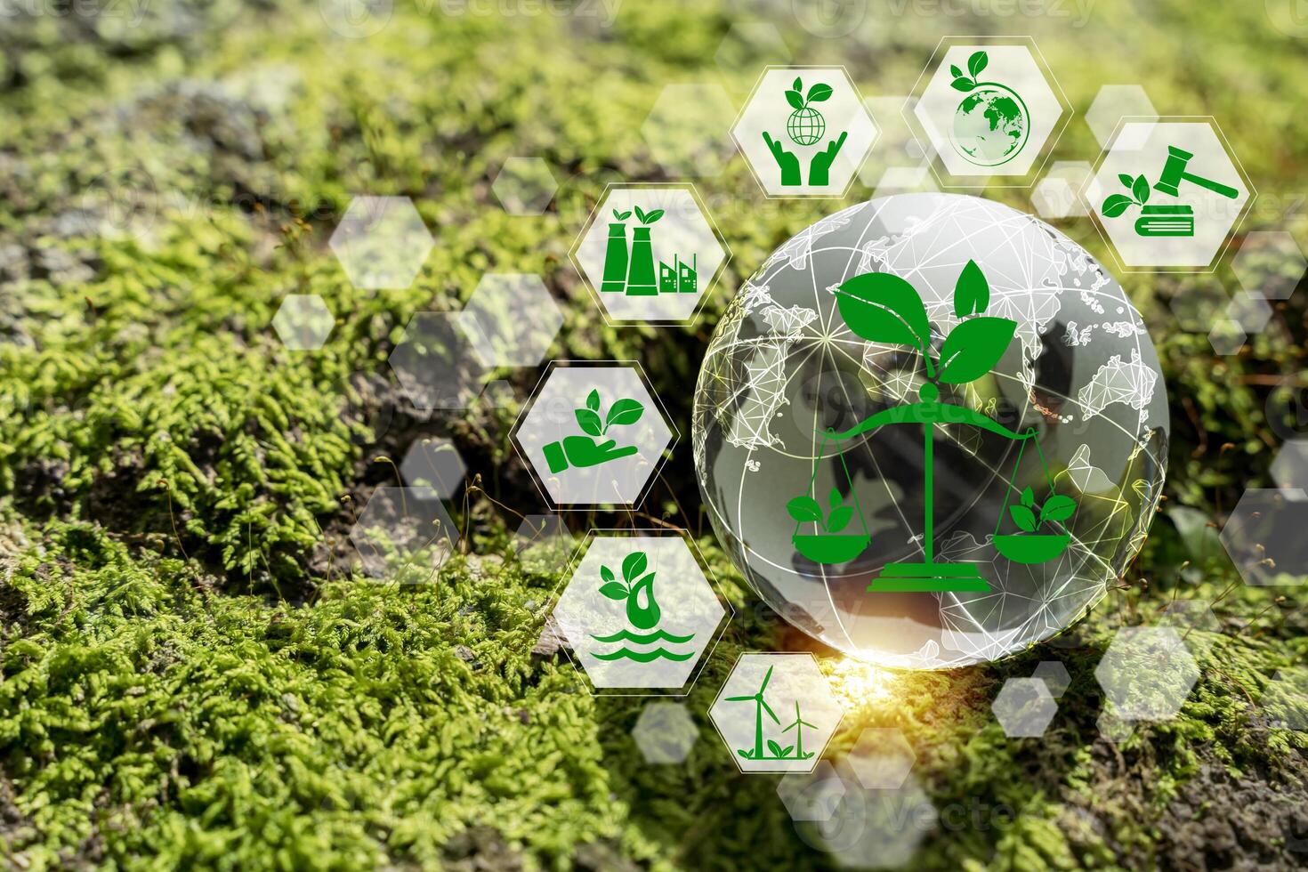 Sustainable development concept showing green energy, eco industry photo