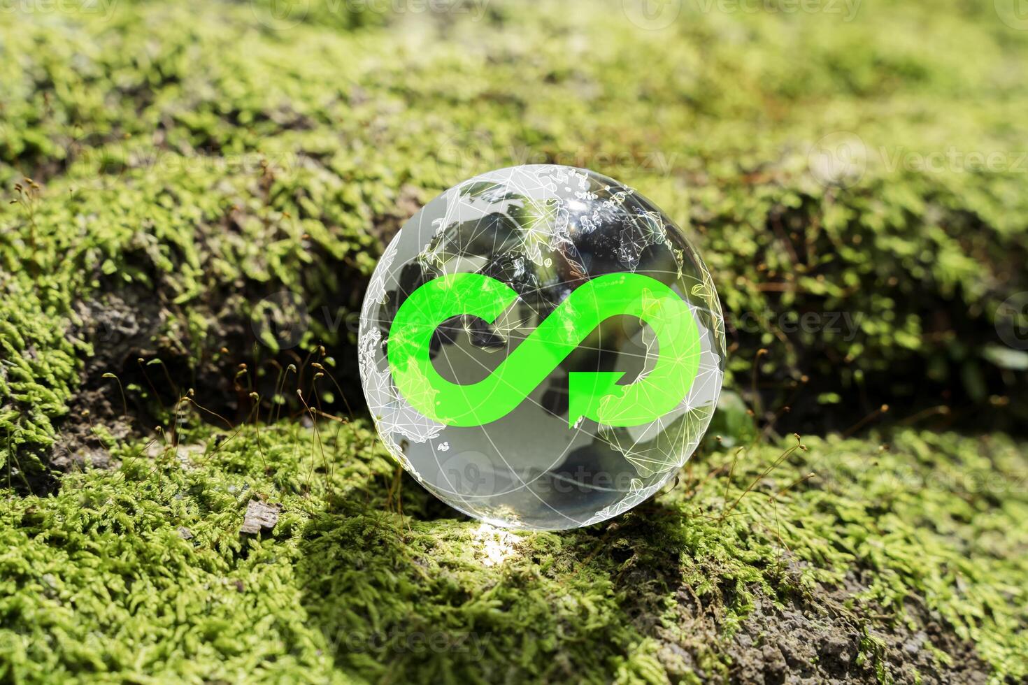 Circular economy symbol on transparent globe over green moss background, eco concept for sustainability idea photo