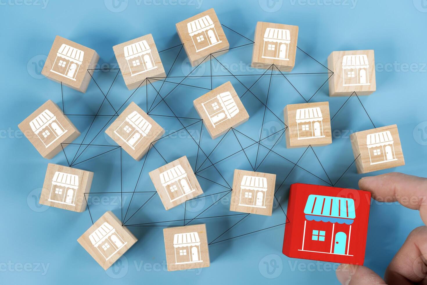 Online shopping symbols engraved on wooden blocks, representing payment options, shopping carts. photo