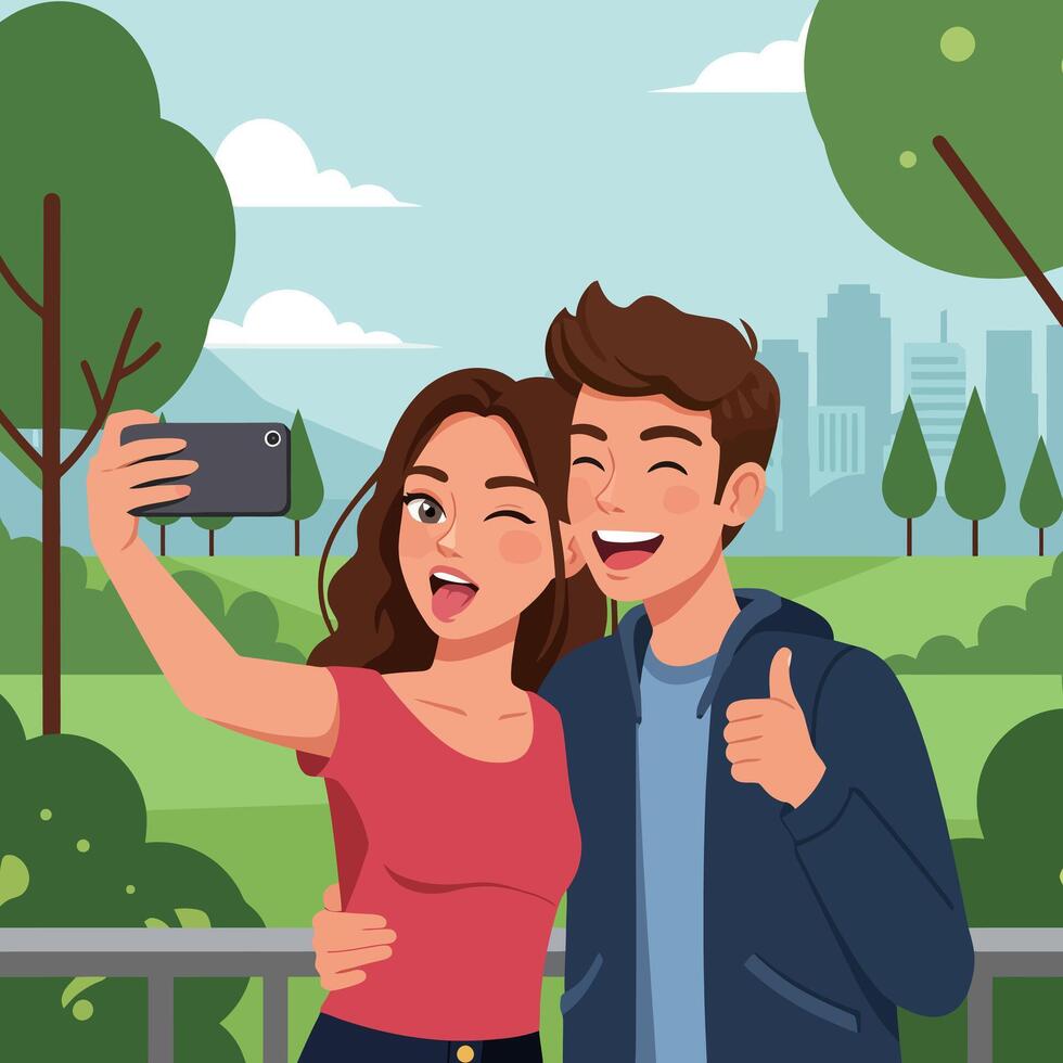 Couple Taking Selfie in Park with Cityscape in Background vector