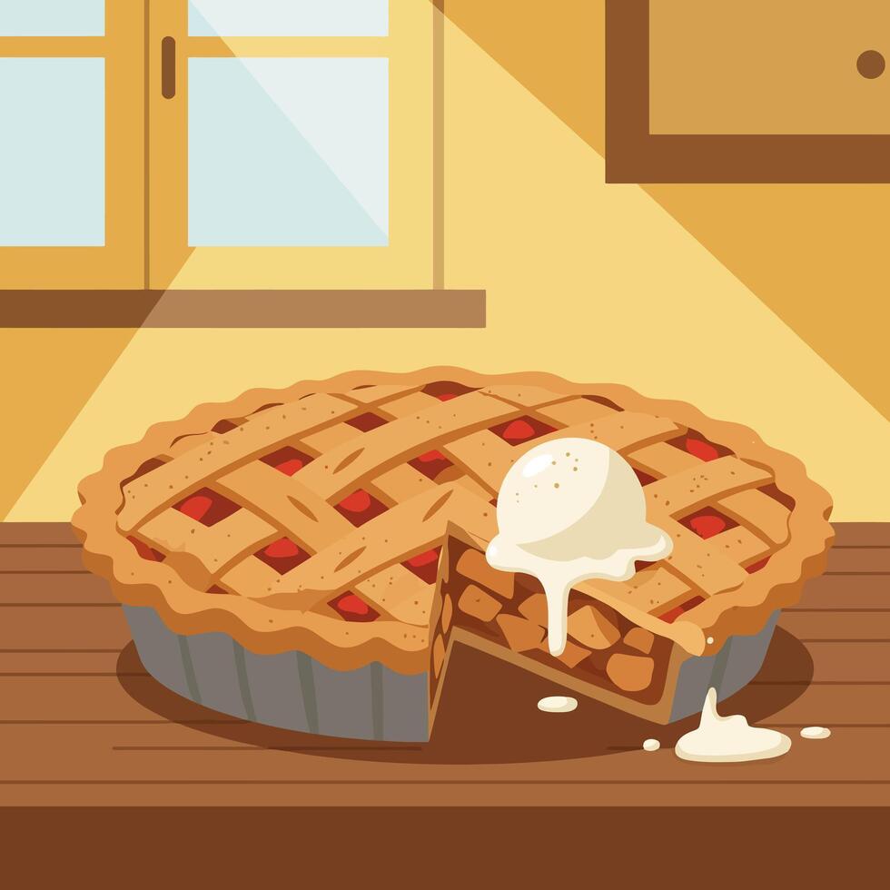 Serving Apple Pie with Vanilla Ice Cream on a Wooden Table vector