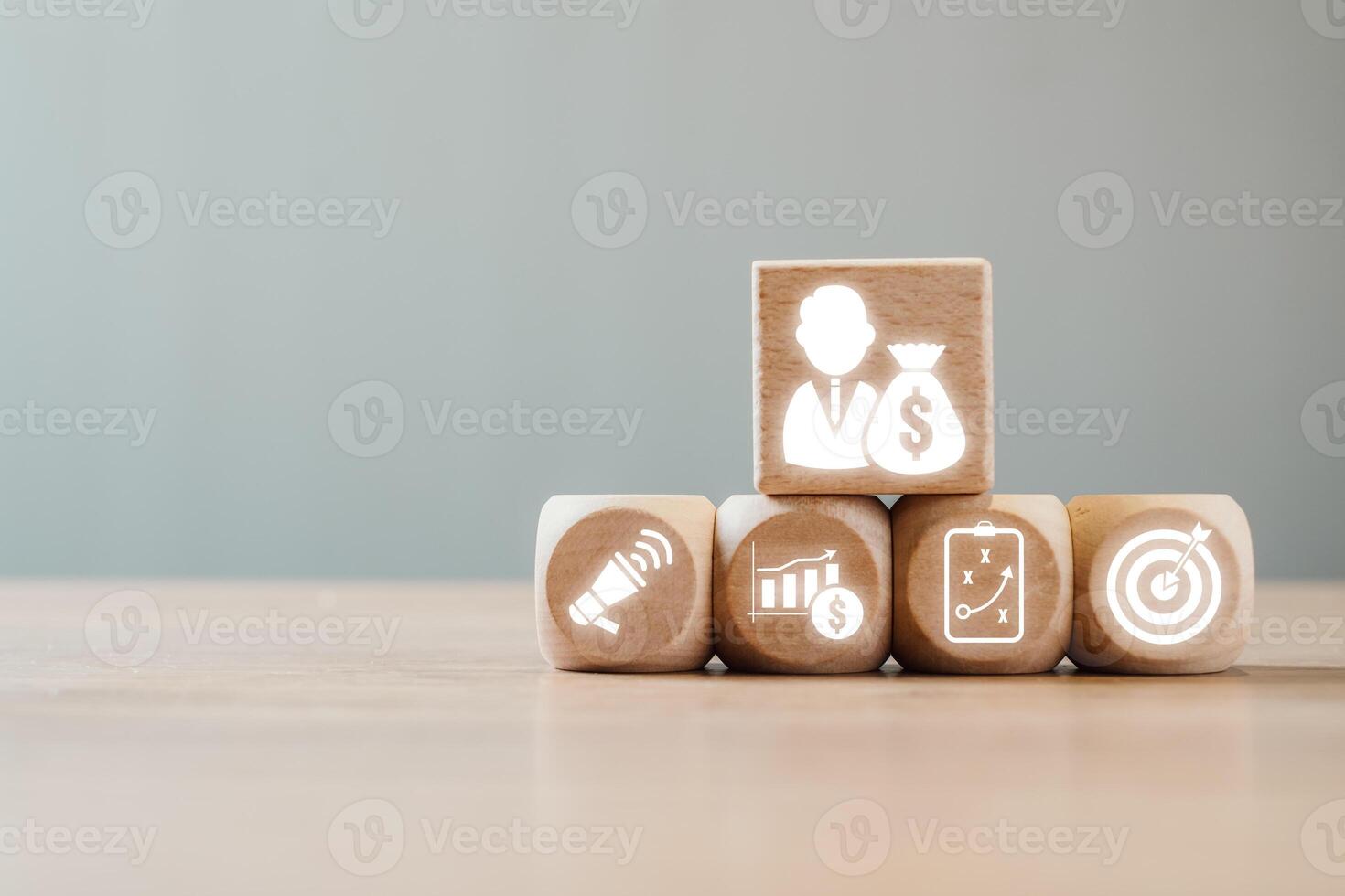 Visual representation of sales management with icons symbolizing strategy, growth, and success in business. photo