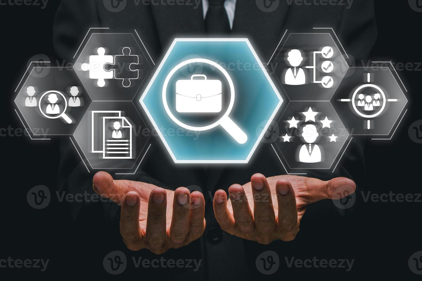 Businessman showcasing digital icons representing job hunting and career opportunities in a modern, tech-driven environment. photo