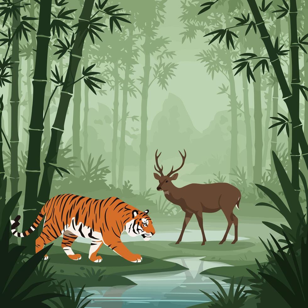 Tiger Walking Near Deer in Bamboo Forest Illustration vector