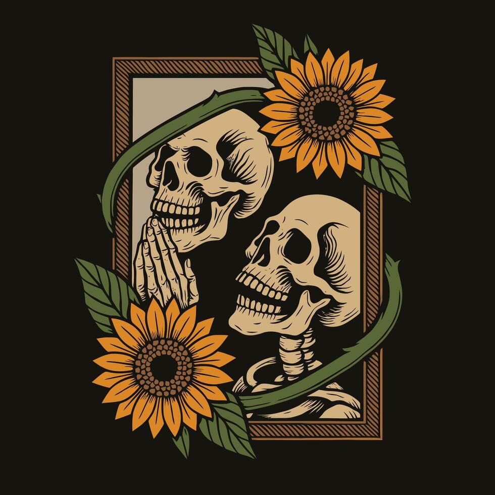Skulls in Mirror Frame with Sunflowers Illustration on Dark Backdrop vector