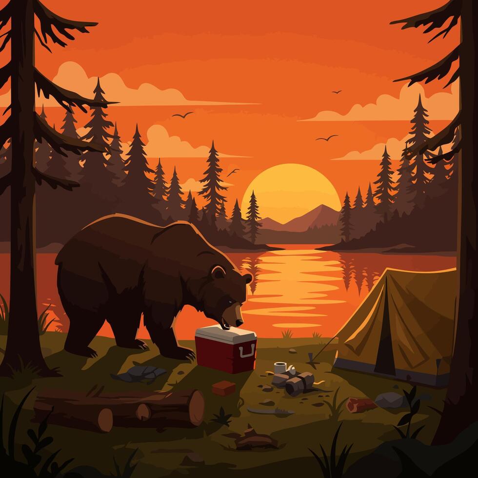Bear Approaching Campsite at Sunset Near Lake in Forest Illustration vector