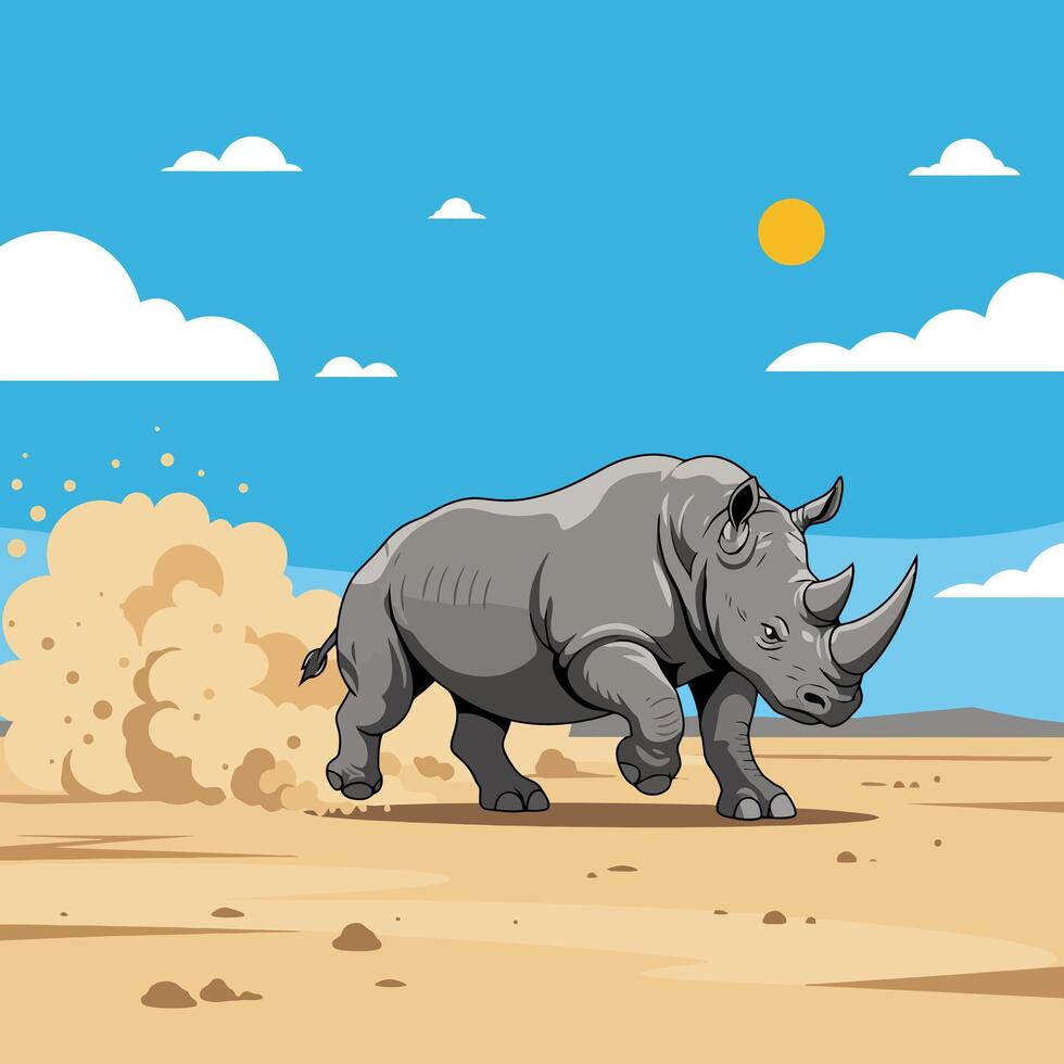 Rhino Running Through Dusty Savannah Landscape with Blue Sky vector