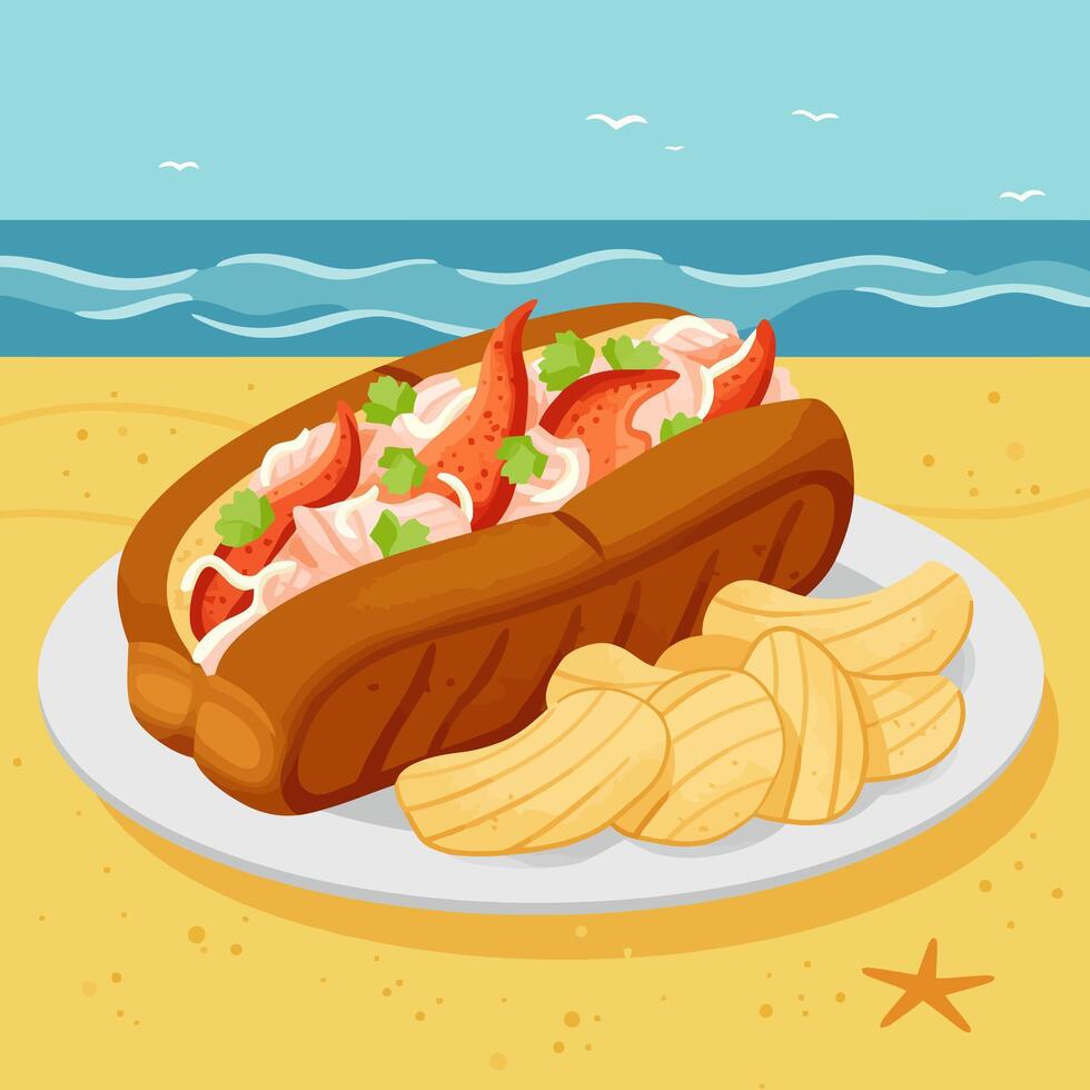 Enjoying Lobster Roll with Chips on Beach with Ocean View vector
