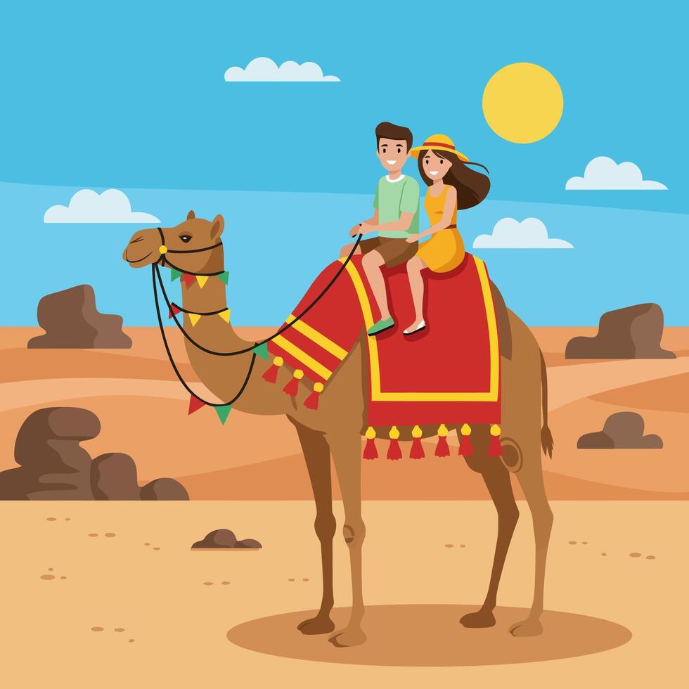 Couple Riding Camel Across Desert Under Bright Sun and Cloudy Sky vector