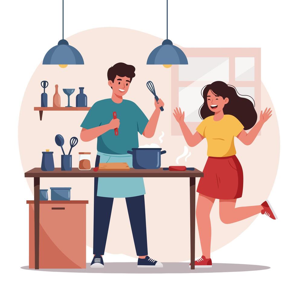 Couple Cooking Together in Kitchen with Joyful and Happy Expression vector