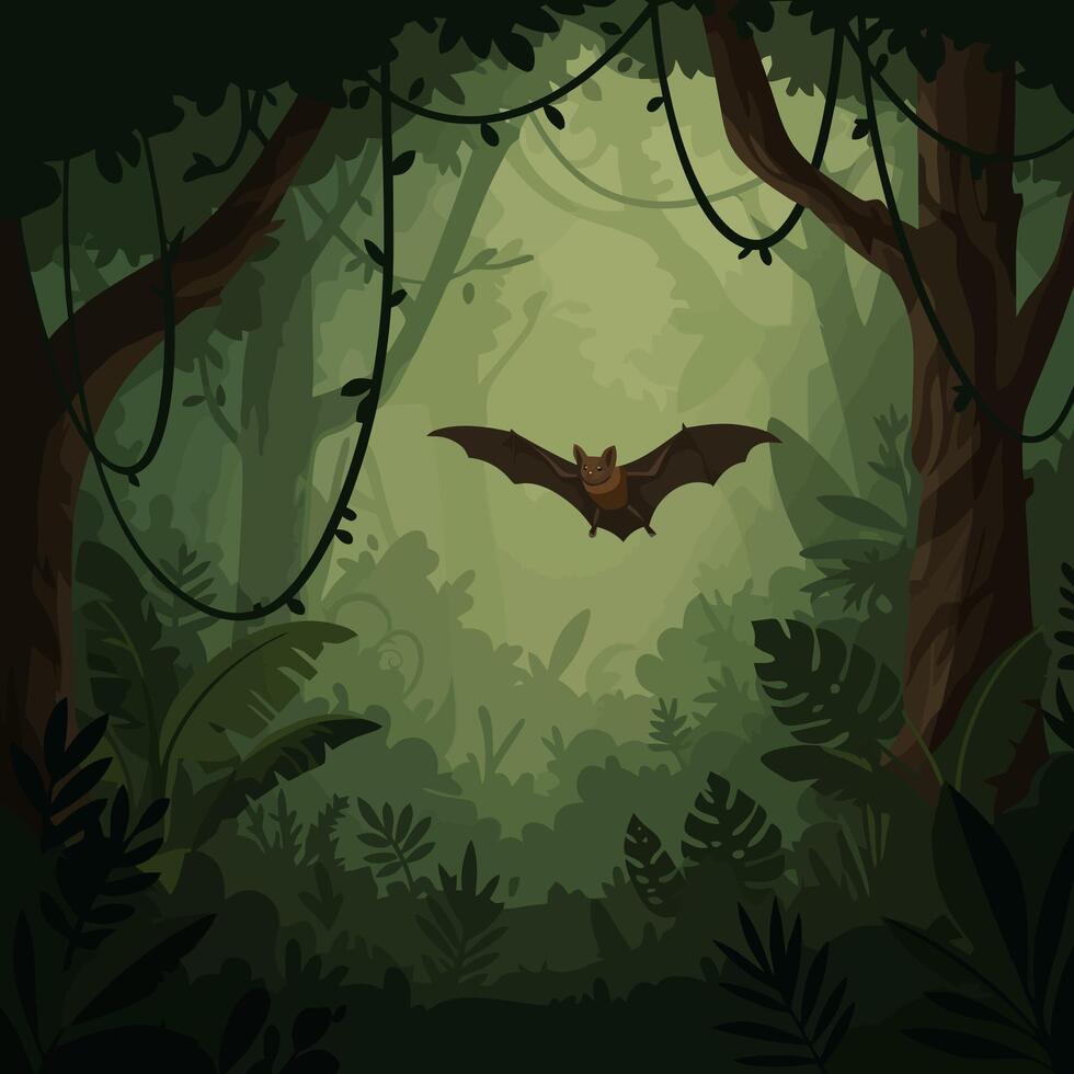 Bat Flying Through Lush Green Forest Illustration with Dense Vegetation vector