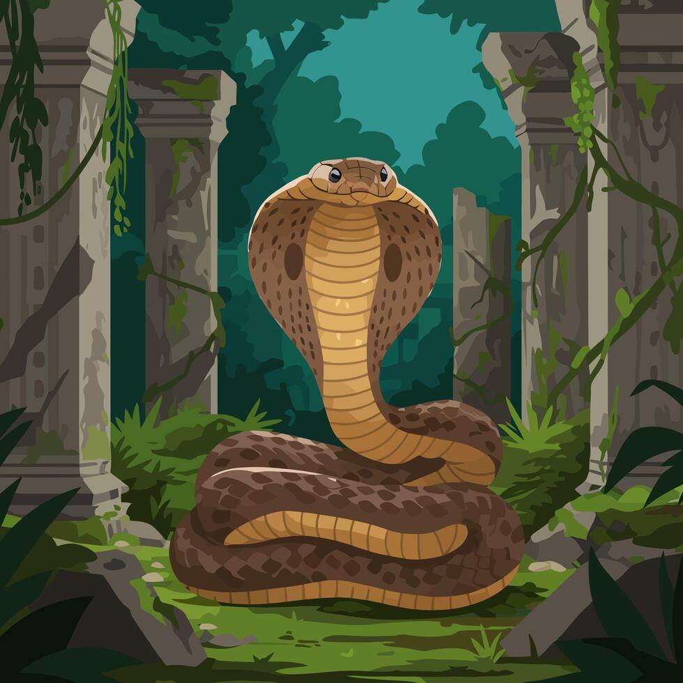 Coiled Cobra Rising in Ancient Ruins Amidst Dense Green Jungle vector