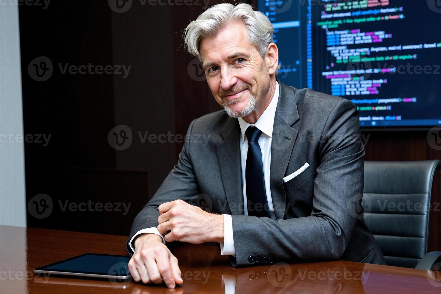 A man in a suit sitting at a desk with a tablet photo