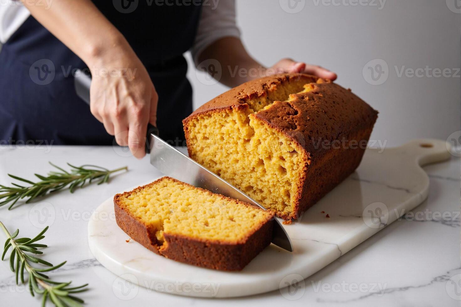 Homemade golden cornbread loaf being sliced on white marble board with fresh rosemary sprigs. Close-up of hand cutting warm rustic yellow pound cake showing moist, crumbly texture in natural lighting photo