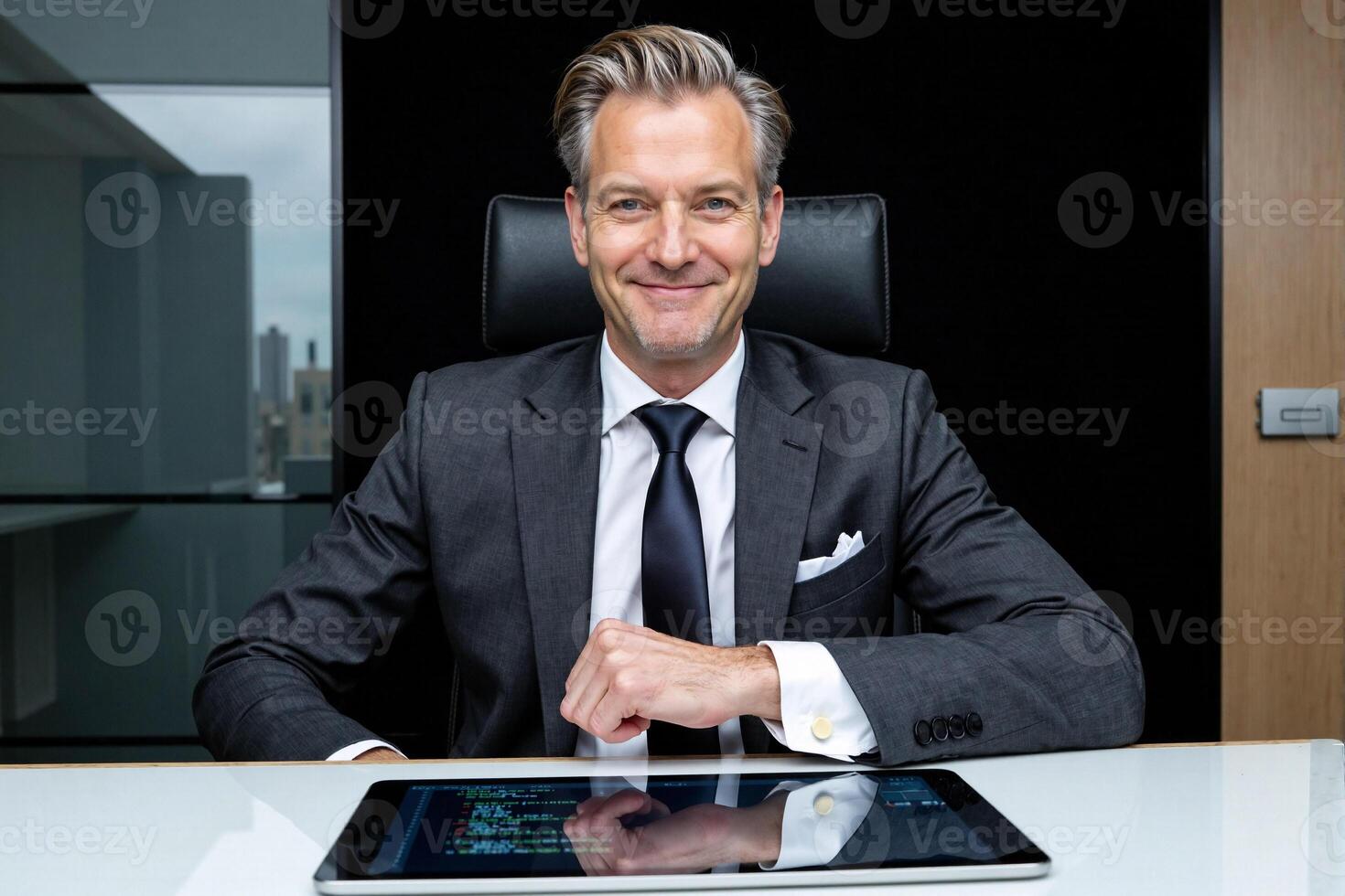 Confident middle-aged businessman in a sharp suit and tie, smiling warmly at the camera while seated at his modern office desk with a tablet, embodying success photo