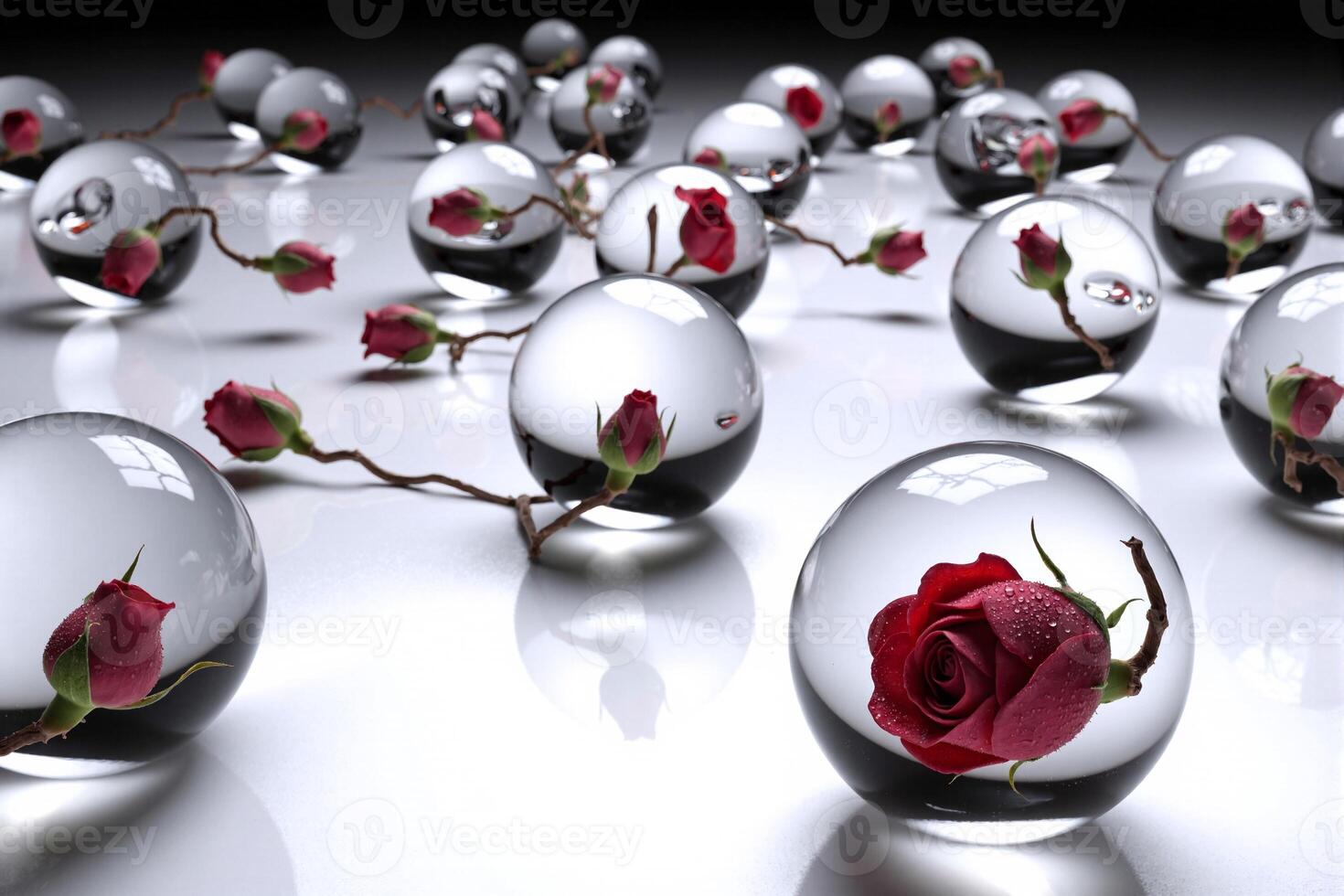 Red roses encased in transparent glass spheres on a reflective surface, symbolizing elegance, preservation, and the interplay of light and form in a minimalist setup photo