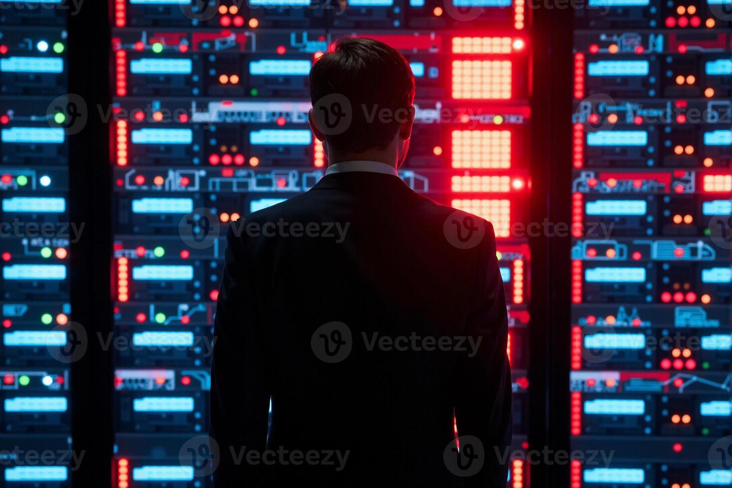 A man in a suit stands in front of a server rack photo